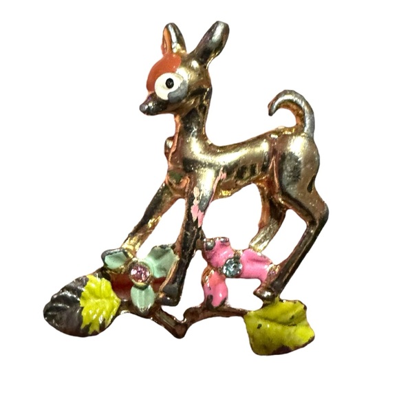 Vintage Doe Deer Fawn Pin Brooch Pink Yellow Flowers - Picture 4 of 6
